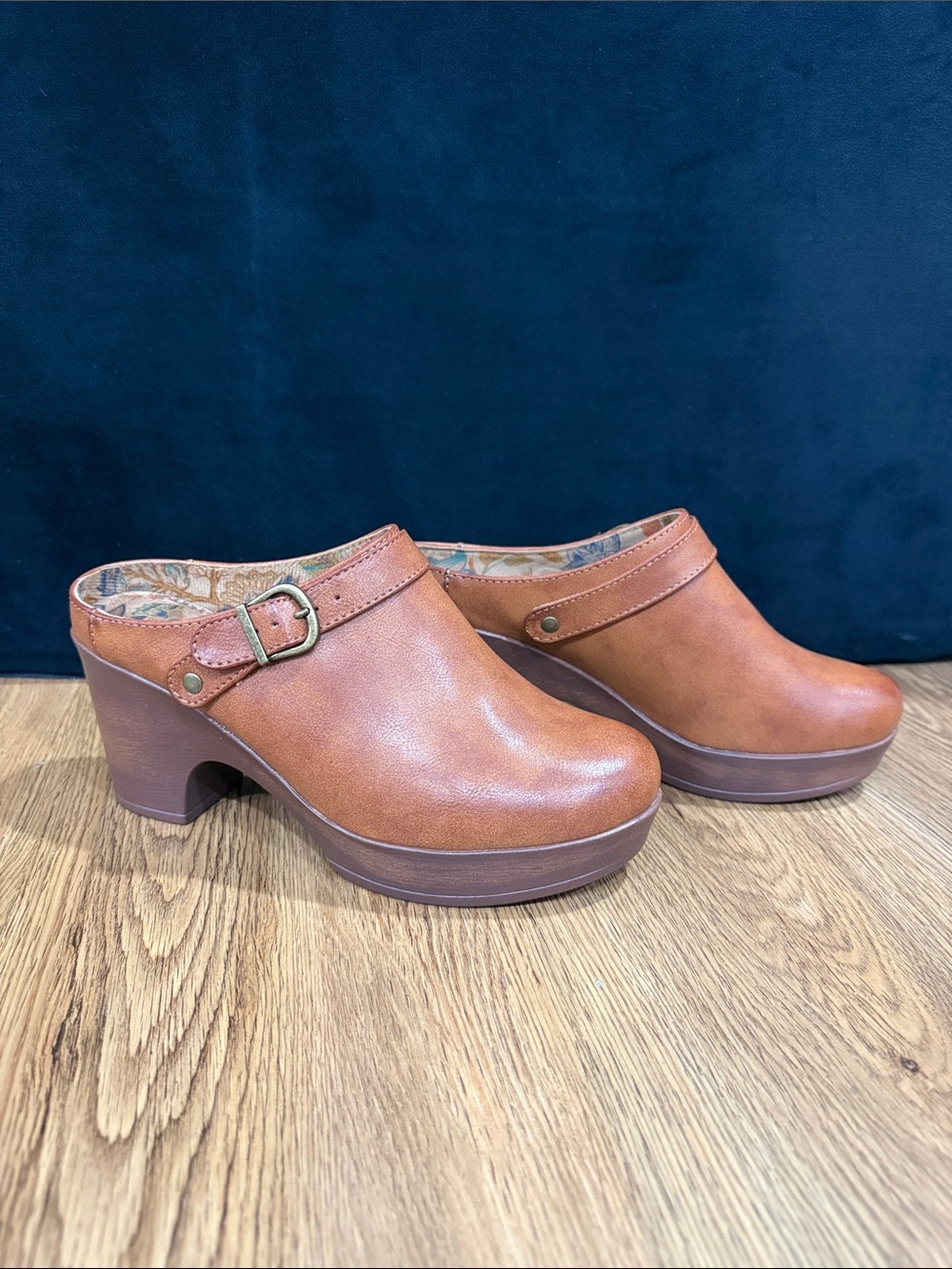 boc Tan Leather Buckle Clog Heels